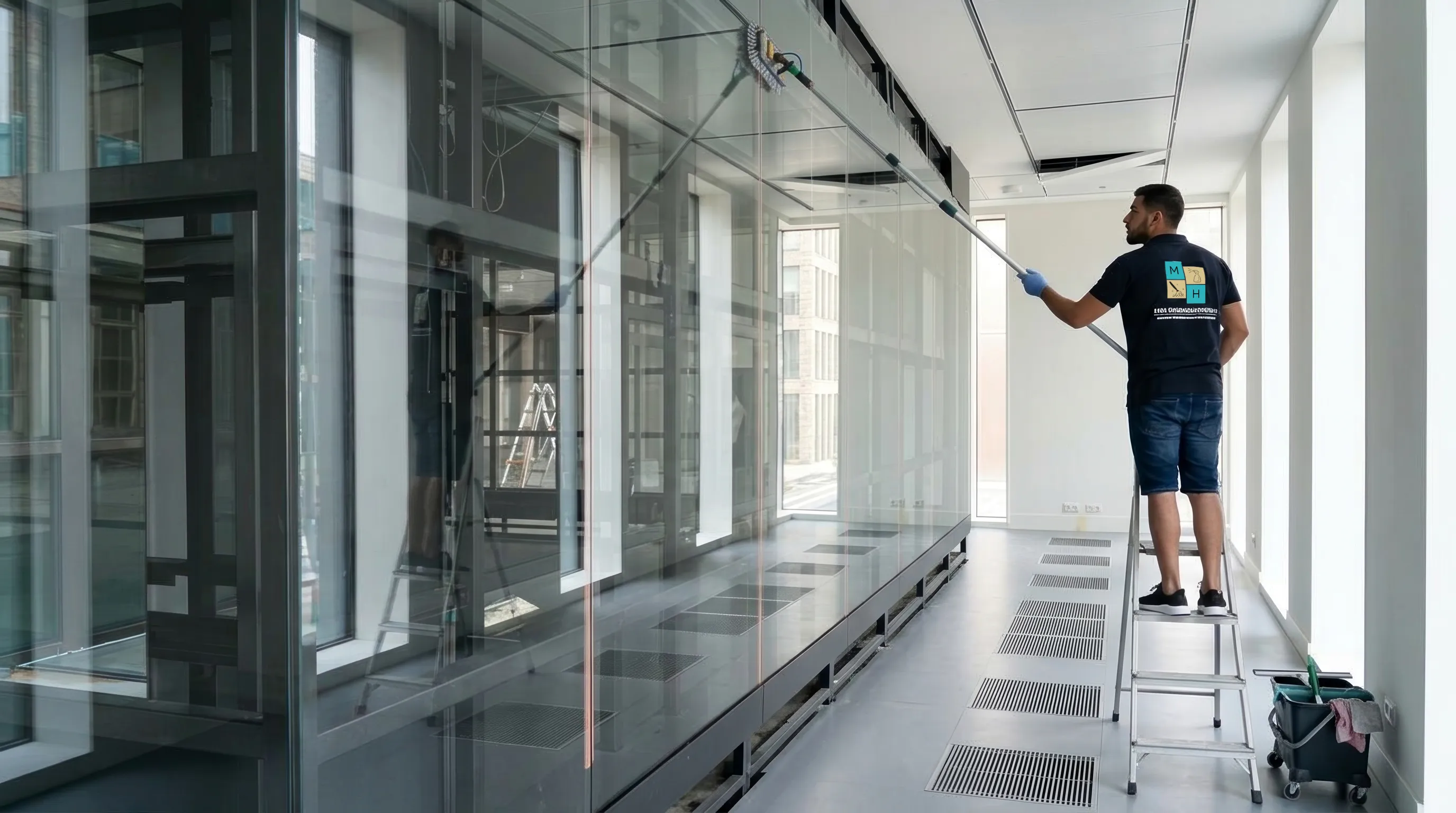 Glasreinigung in einem Bürogebäude